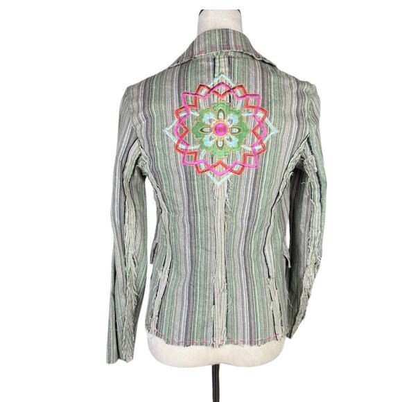 Aziz Green & Gray Stripe Distressed Edge Embroidered Flower Cotton Blazer Jacket - Picture 3 of 9